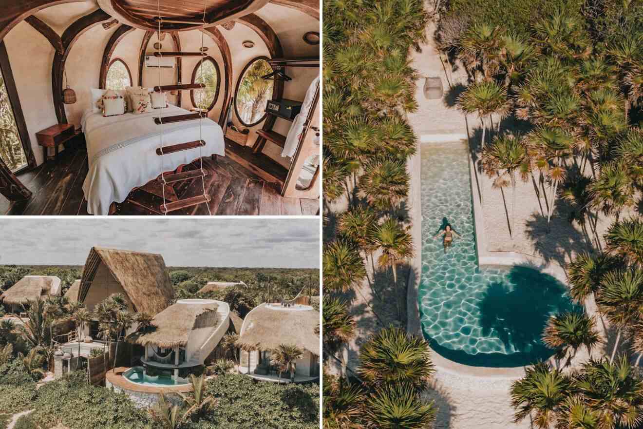 collage of 3 images with: bedroom, resort view and aerial view over the pool