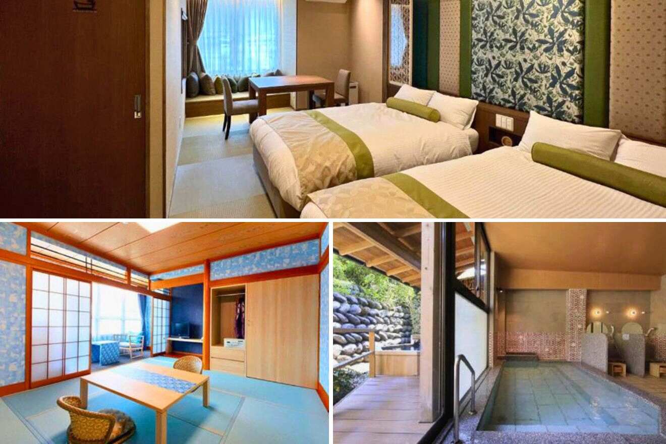 collage of 3 images of Ryokan Marukyo with: japanese style room, bedroom and private ryokan