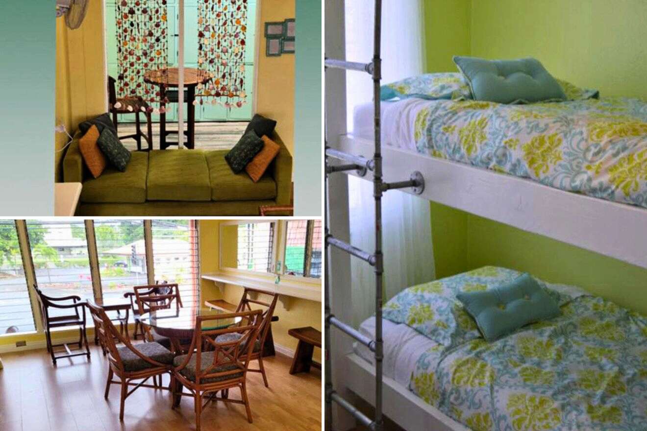 collage of 3 images with: bunk beds, couch and dining table