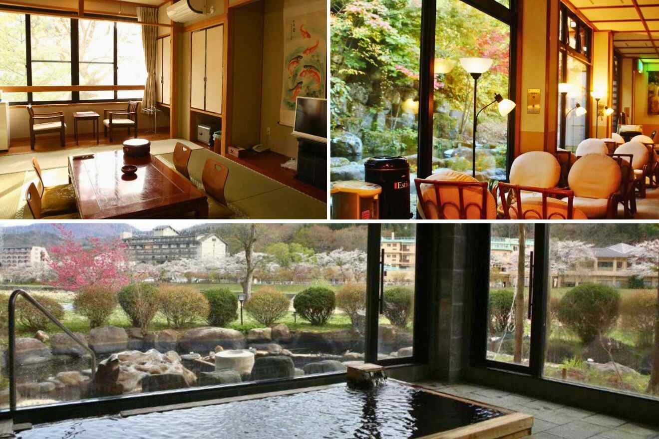 collage of 3 images of Akasawa Onsen Ryokan with: japanese style room, restaurant and private ryokan