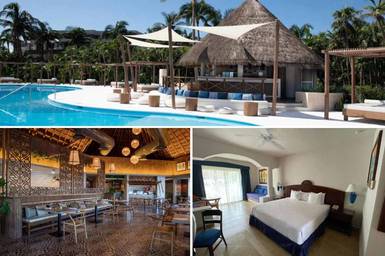 collage of 3 images with: bedroom, restaurant and pool area