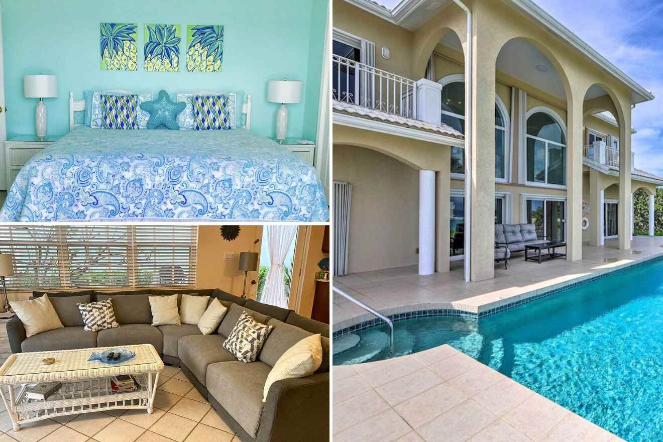 collage of 3 images with: pool area, bedroom and lounge area