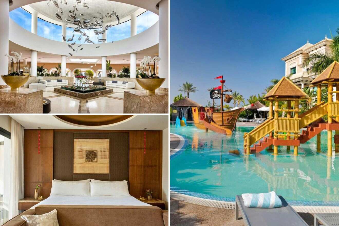 collage of 3 images with: bedroom, pool with kids slides and hotel's common area