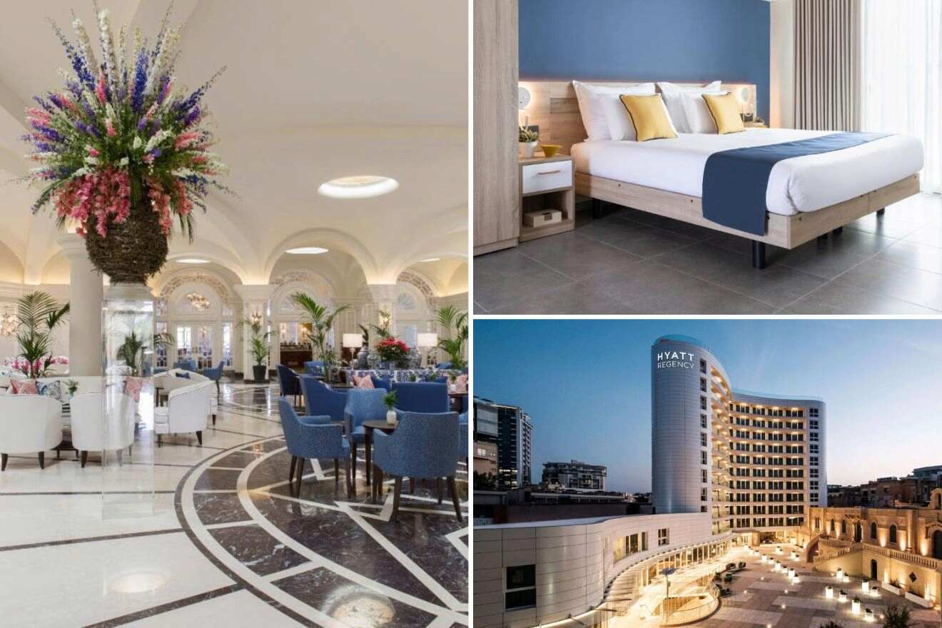 a collage of three hotel photos: hotel lobby, bedroom, and hotel exterior
