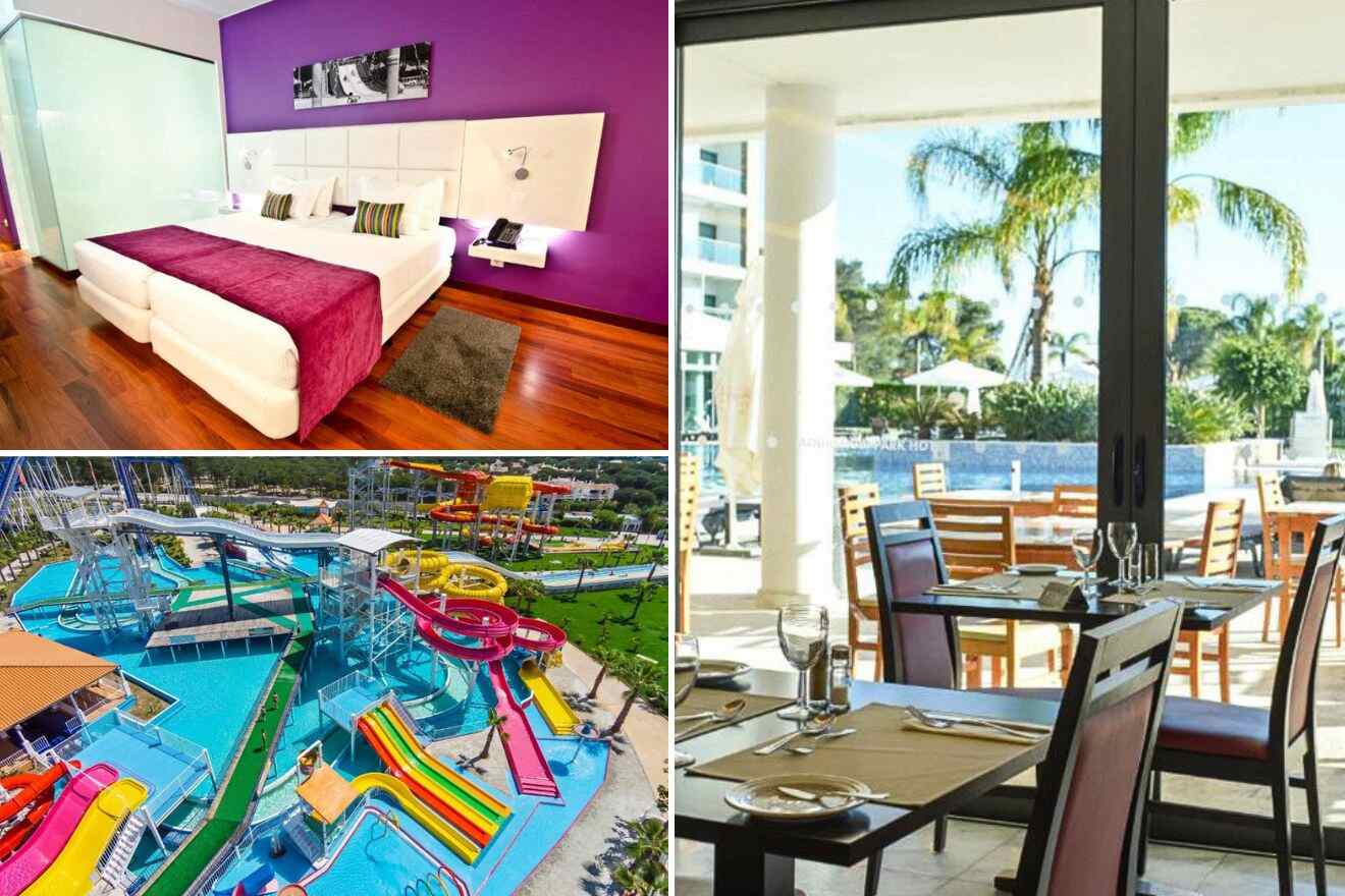 collage of 3 images with: bedroom, restaurant and pool with waterslides