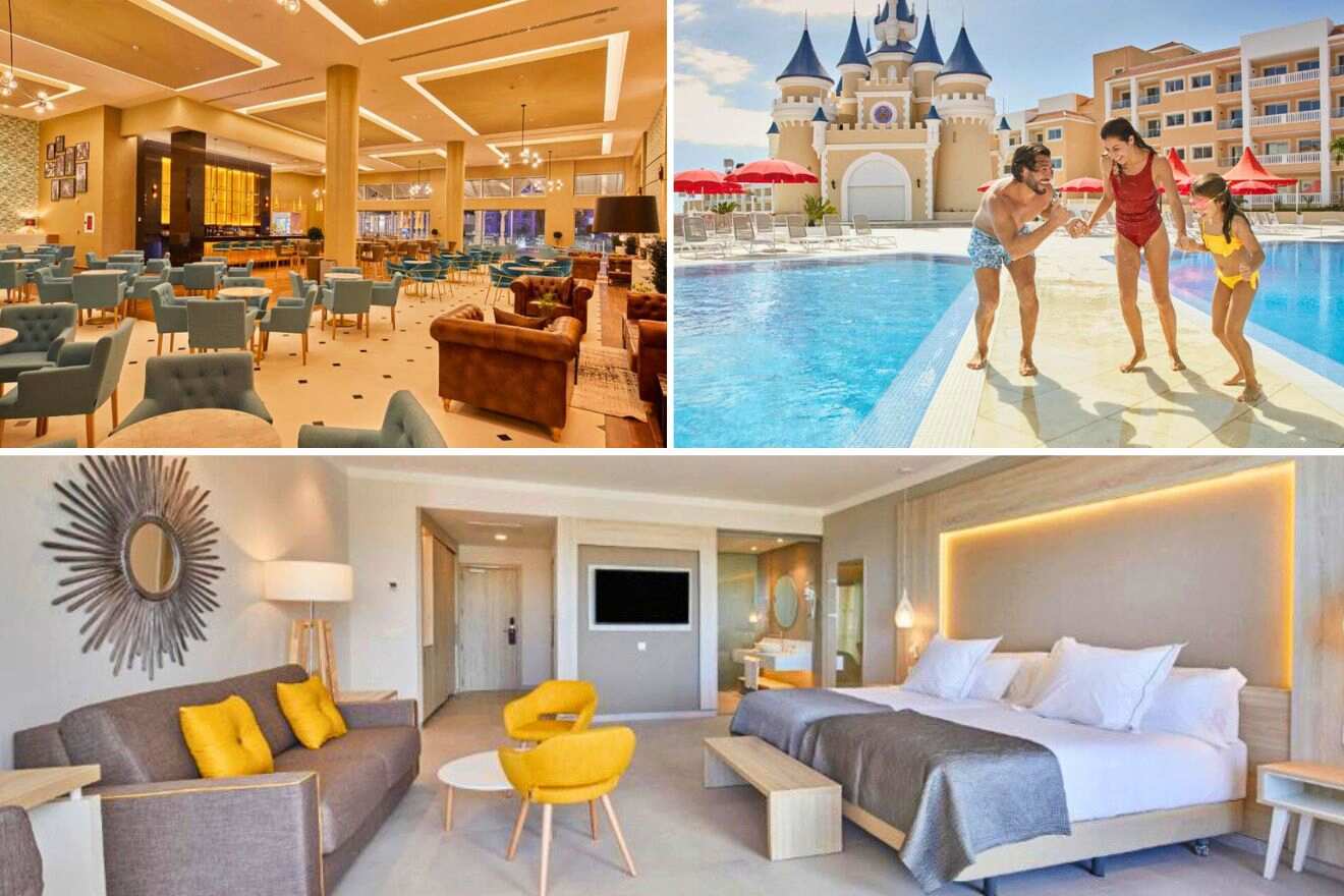 collage of 3 images with: bedroom, family by the pool and lounge