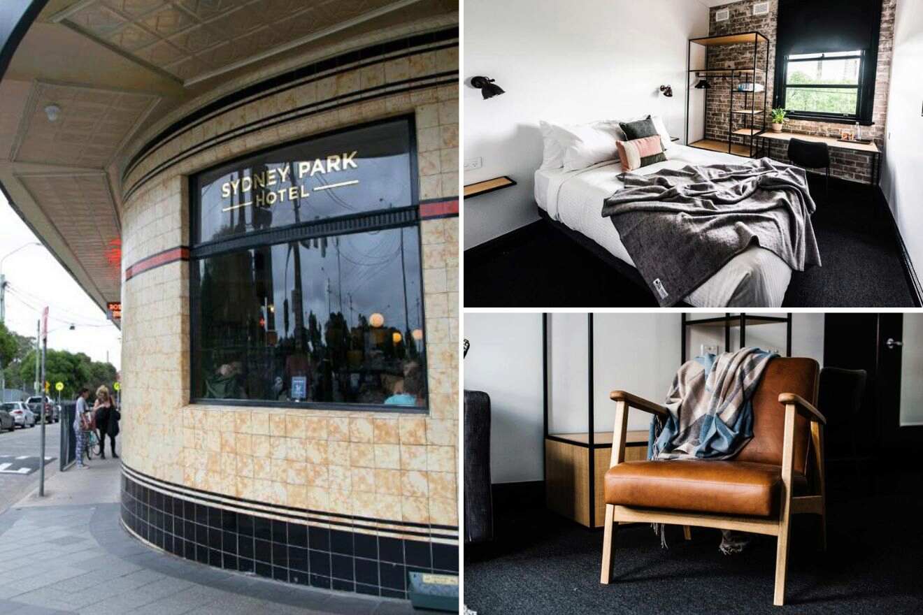 collage of 3 images with: hotel's building, bedroom and armchair