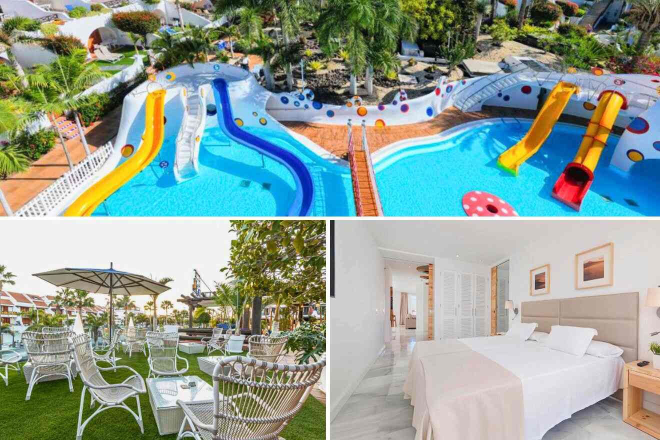 collage of 3 images with: bedroom, pool with waterslides and outdoor restaurant