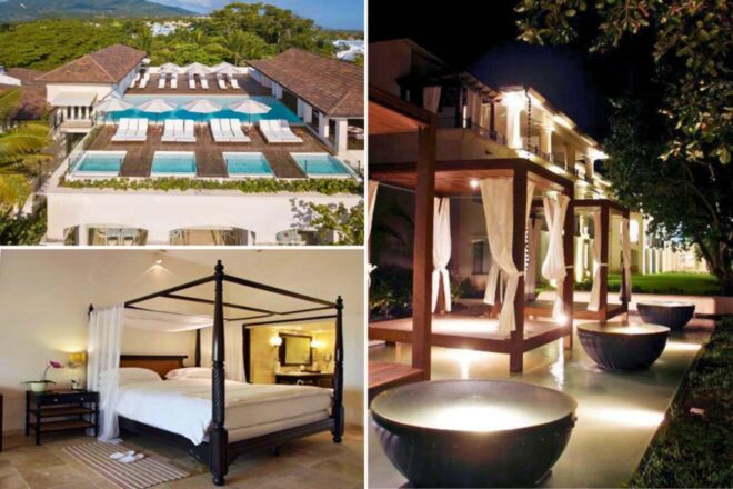 collage of 3 images with: aerial view over the pool, bedroom and gazebos at night