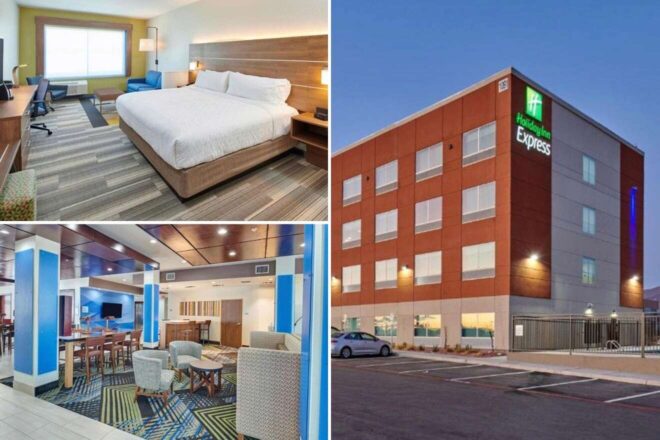 collage of 3 images with: a bedroom, lounge and hotel's building