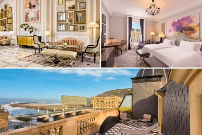 collage with 3 images of: a hotel's bedroom, sunbeds on the terrace and a lounge