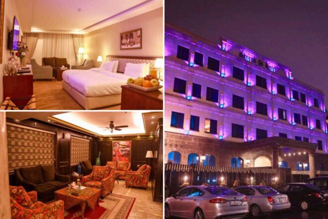collage of 3 images with: bedroom, hotel's building and lounge