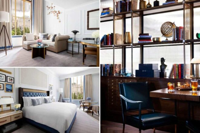 collage of three hotel photos: living room, bedroom, and seating area