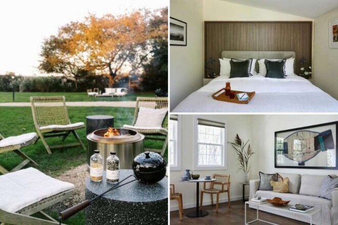 collage of 3 images with: a bedroom, lounge and firepit with chairs