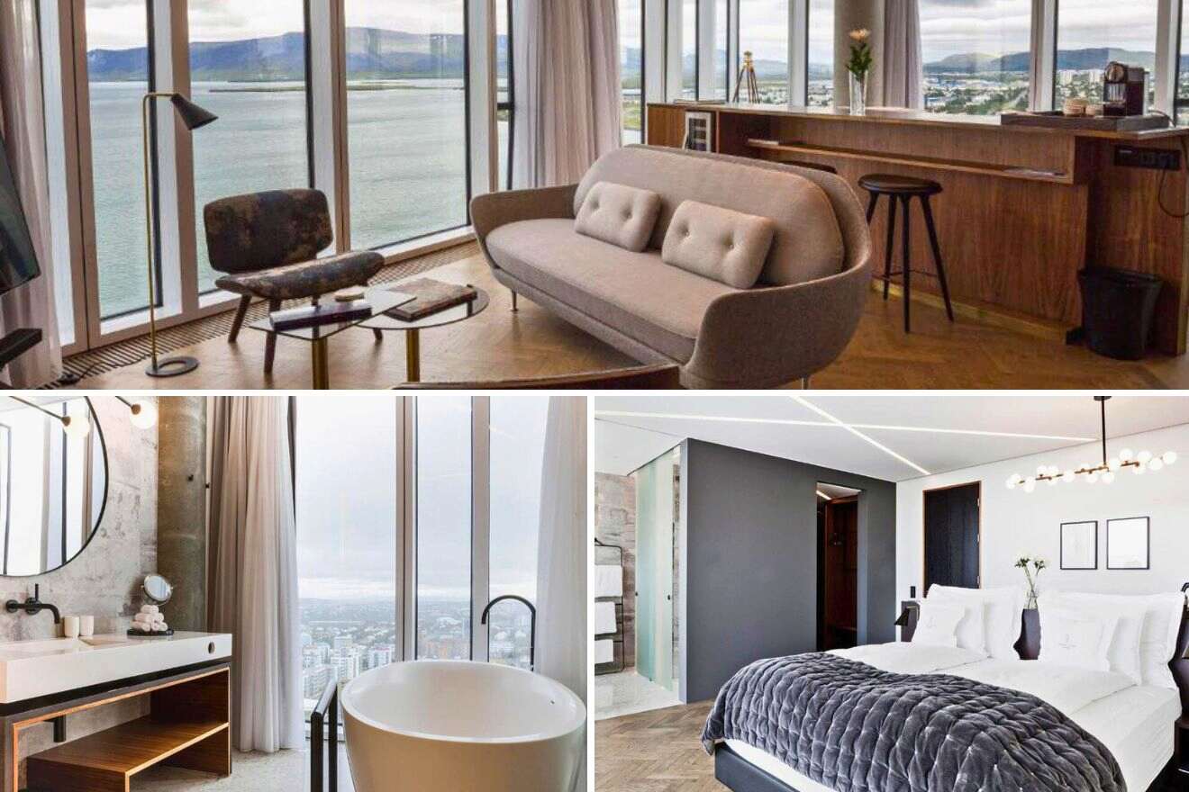collage of 3 images with: bedroom, lounge and bathroom