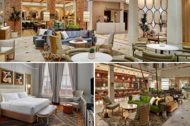 A collage of 3 pictures of a hotel lobby, bedroom and restaurant area with a bar