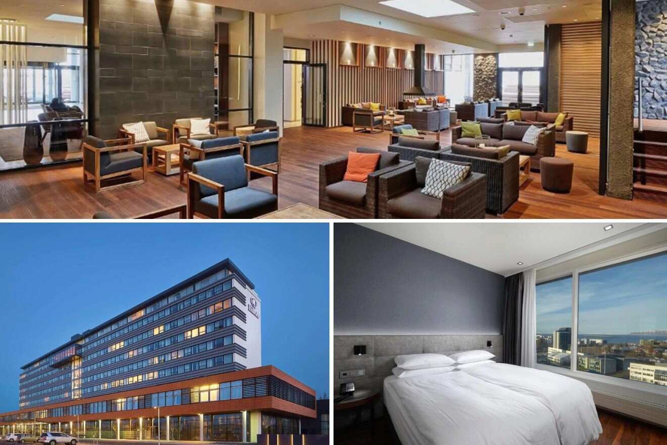 collage of 3 images with: bedroom, lounge and hotel's building