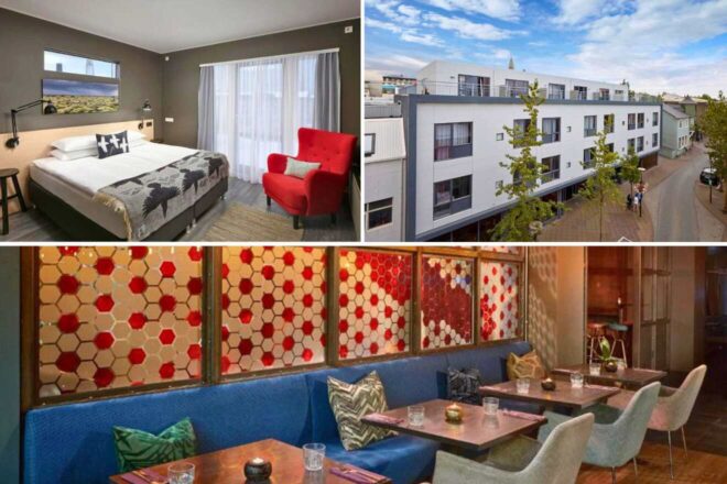 Collage image of hotel in Reykjavik: A modern hotel room with a double bed and red chair, an exterior view of a multi-story building, and a cozy restaurant with blue seating and hexagonal window patterns.
