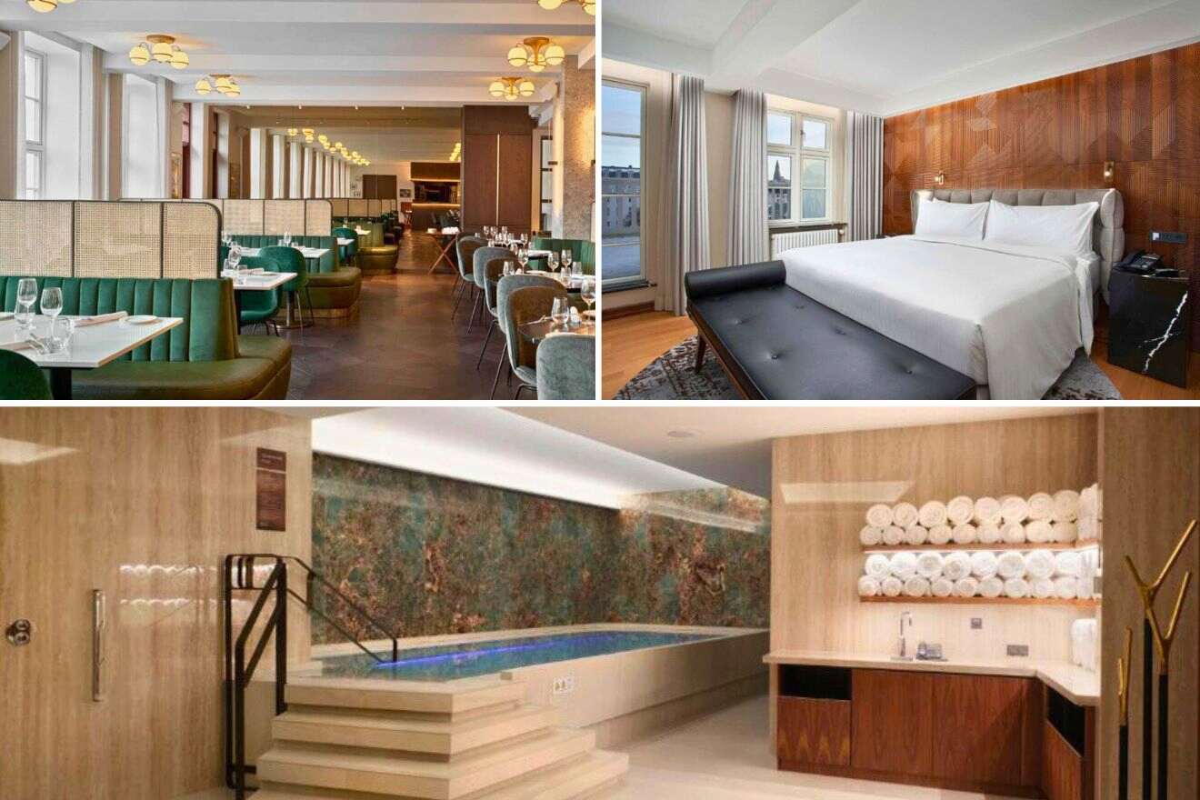 collage of 3 images with: bedroom, indoor pool and restaurant