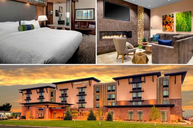 a collage of three hotel photos: bedroom, lounge area, and hotel exterior