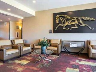 A lobby with couches, chairs and a horse sculpture.