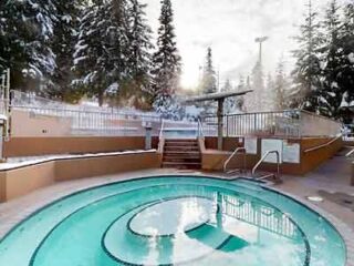 A hot tub surrounded by snow covered trees.