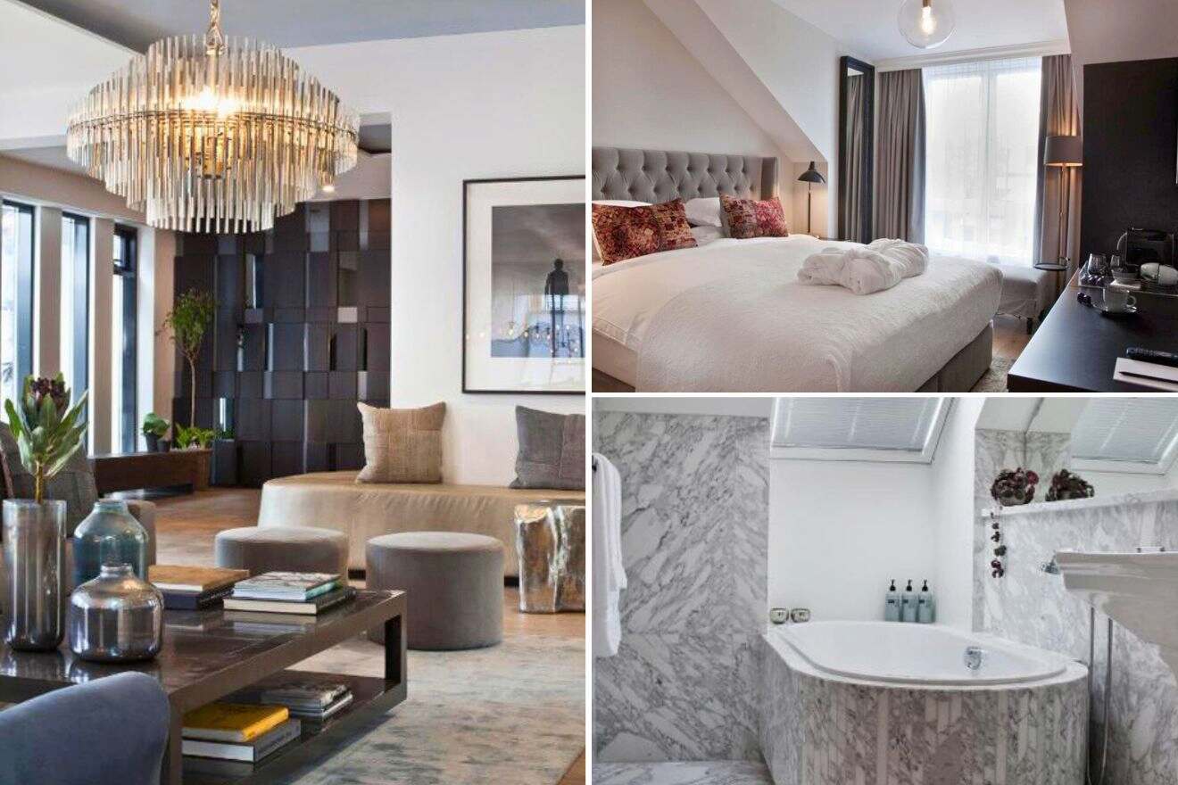 collage of 3 images with: bedroom, lounge and bathroom