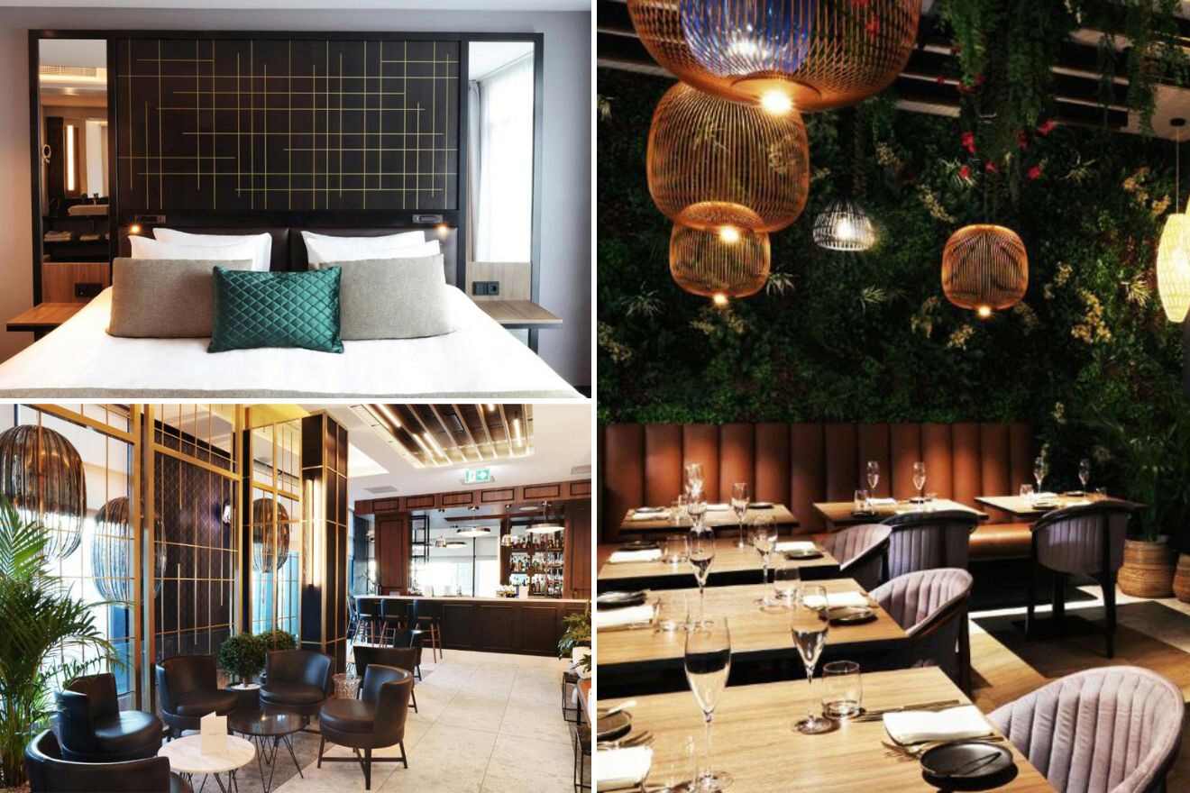 collage of 3 images with: bedroom, lounge and restaurant