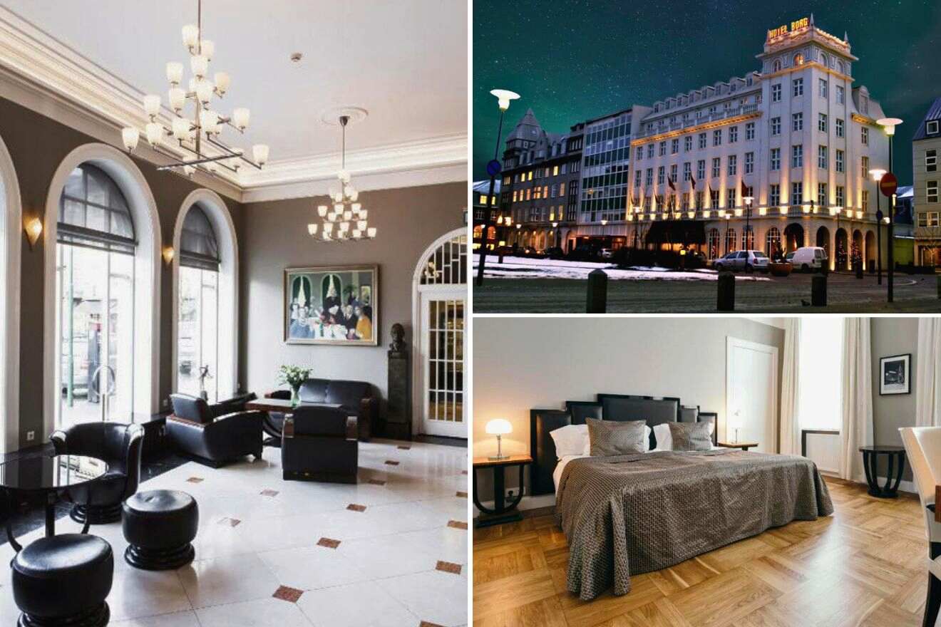 collage of 3 images with: bedroom, lounge and hotel's building at night