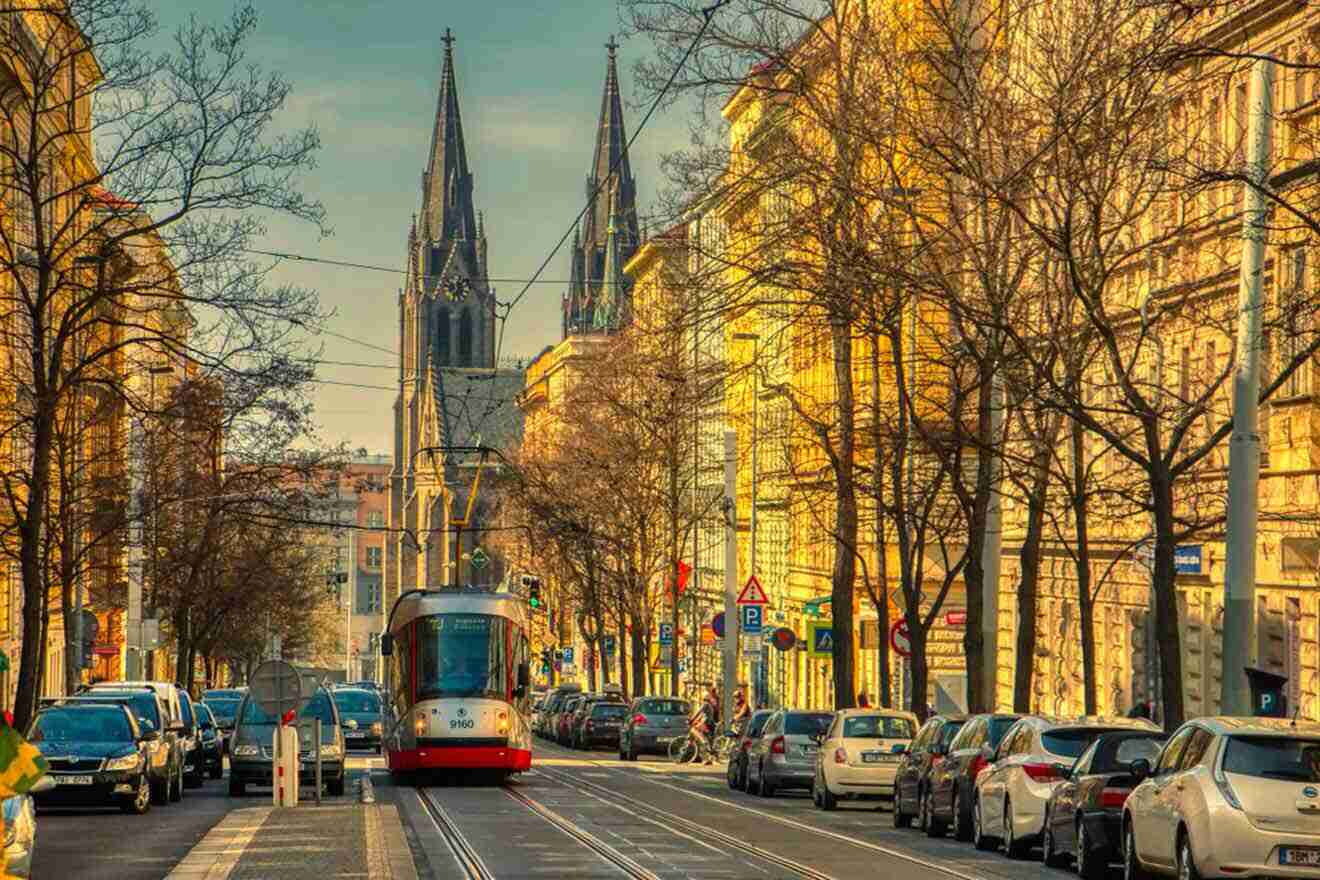 tram on a street with trees and a church in the background