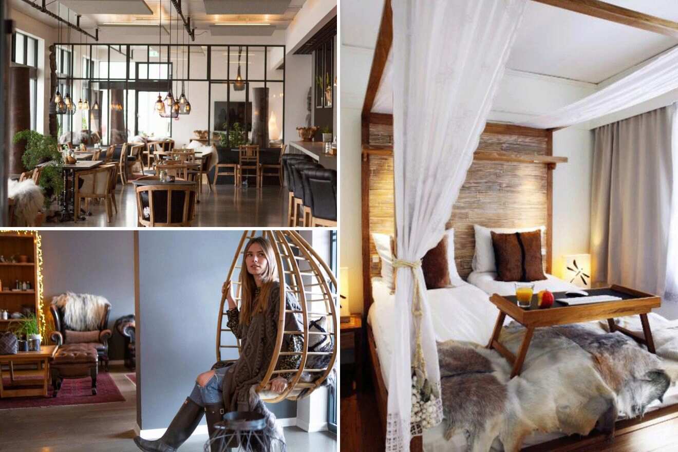 collage of 3 images with: bedroom, woman sitting in a lounge area and restaurant