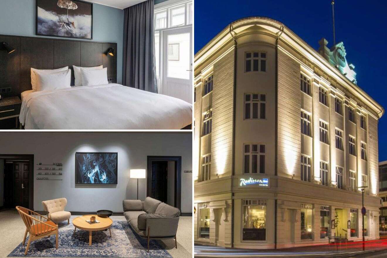 collage of 3 images with: bedroom, lounge and hotel's building