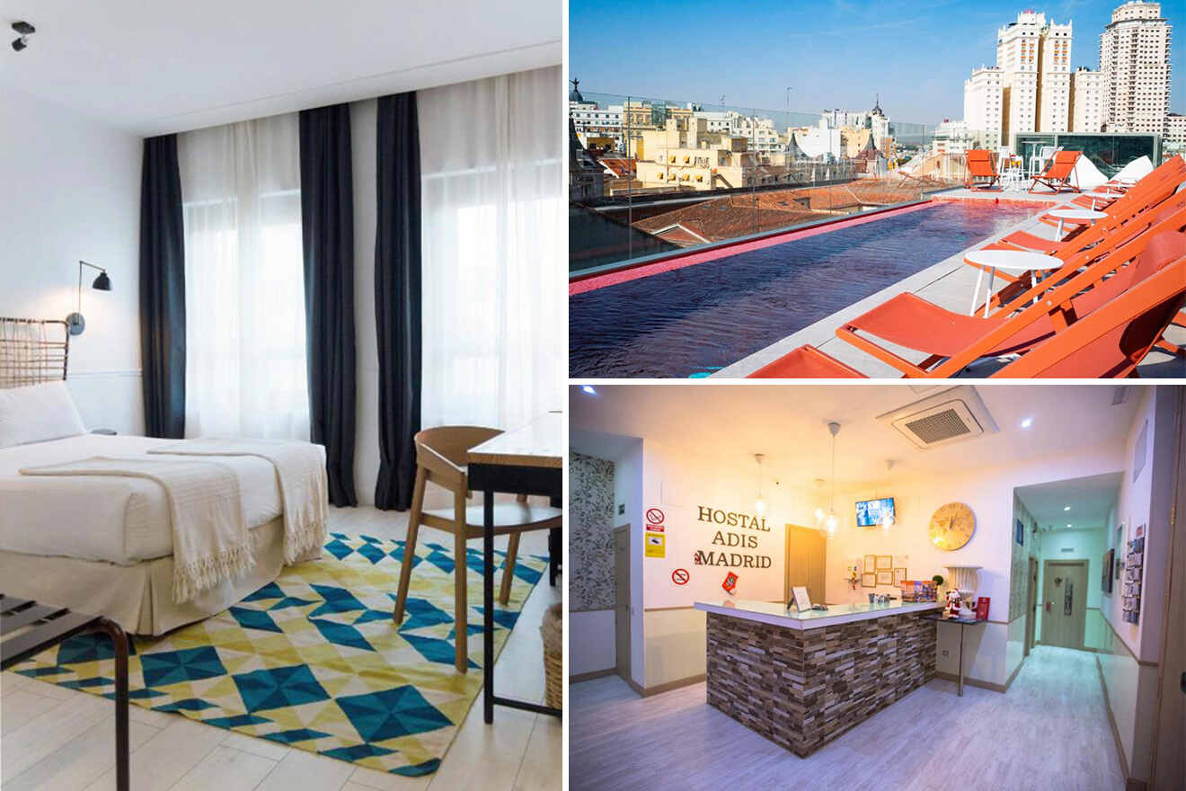 collage of 3 images with: bedroom, pool and reception
