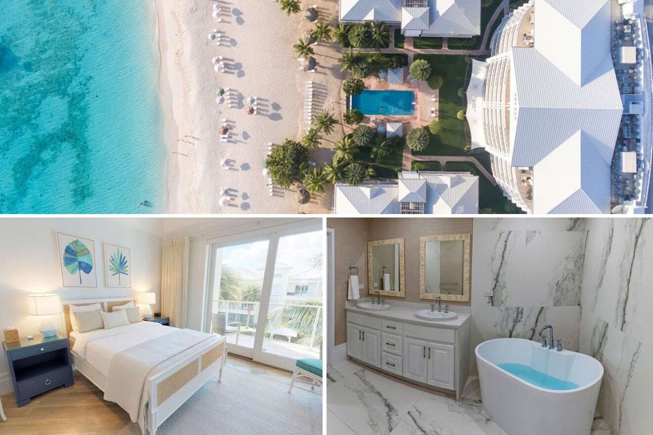 collage of 3 images of the caribbean club in the cayman islands: aerial view over the resort, bedroom and bathroom with a bathtub