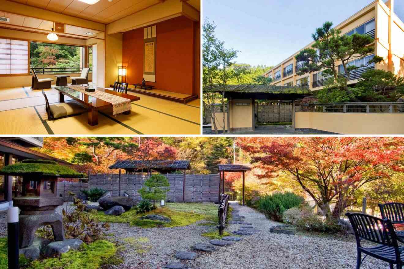 collage of 3 images of Nikko Hoshino Yado with: japanese style room, hotel's front entrance and garden area