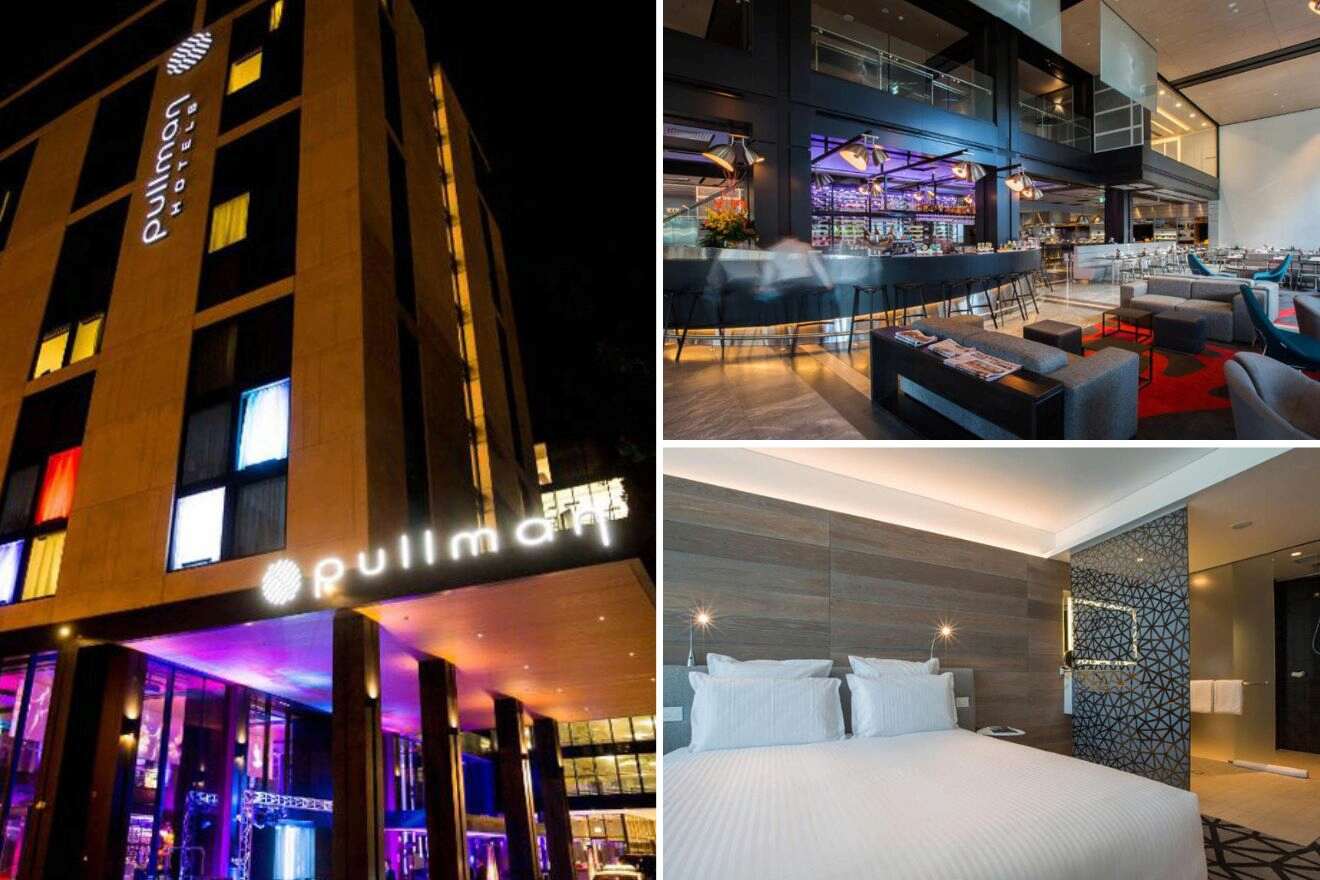 collage of 3 images with: hotel's building, bedroom and restaurant