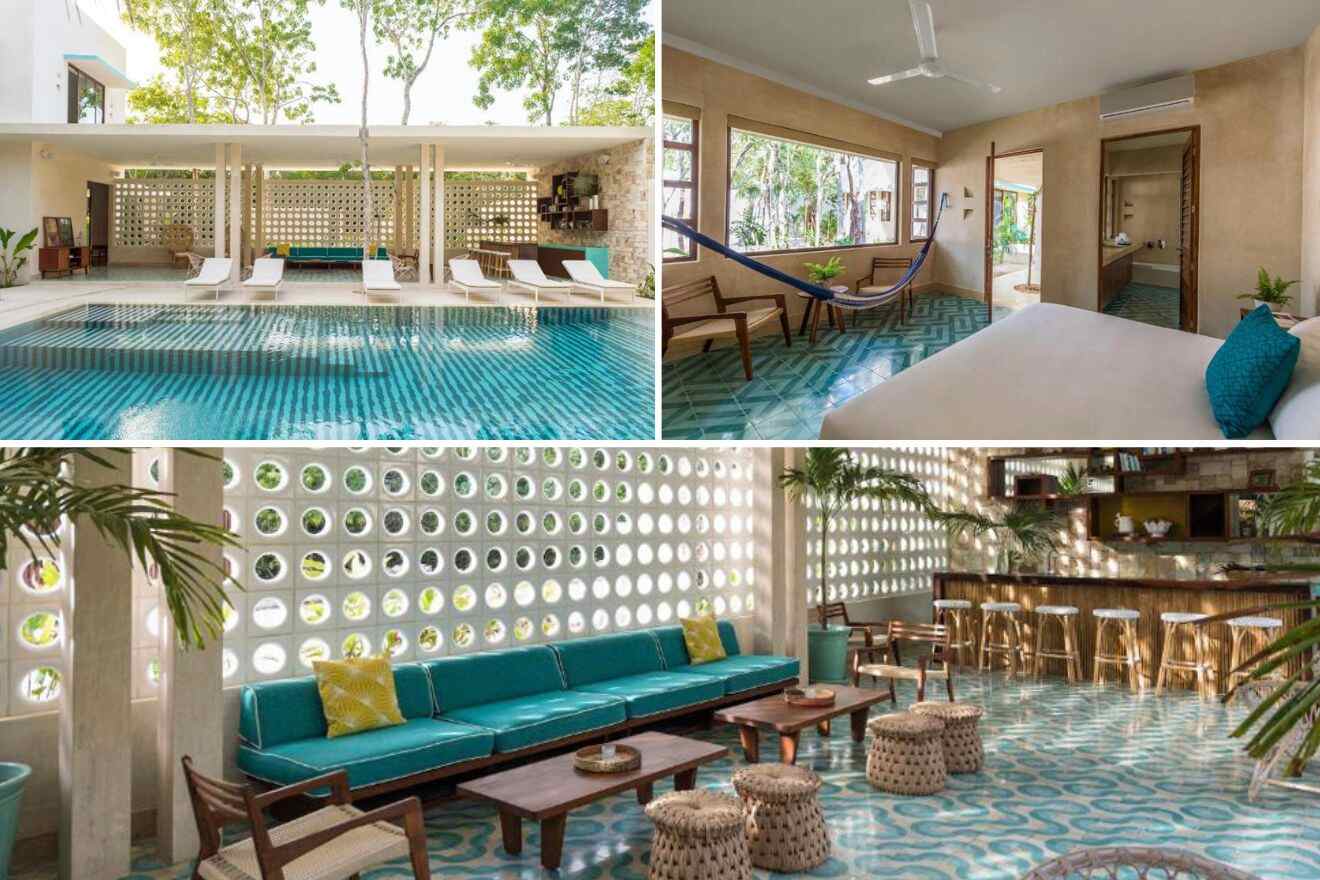 collage of 3 images with: bedroom, lounge and pool area