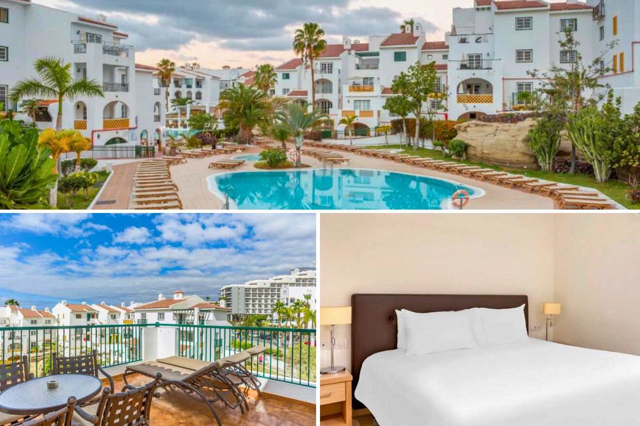 collage of 3 images with: bedroom, pool view and terrace with sunbeds and table with chairs