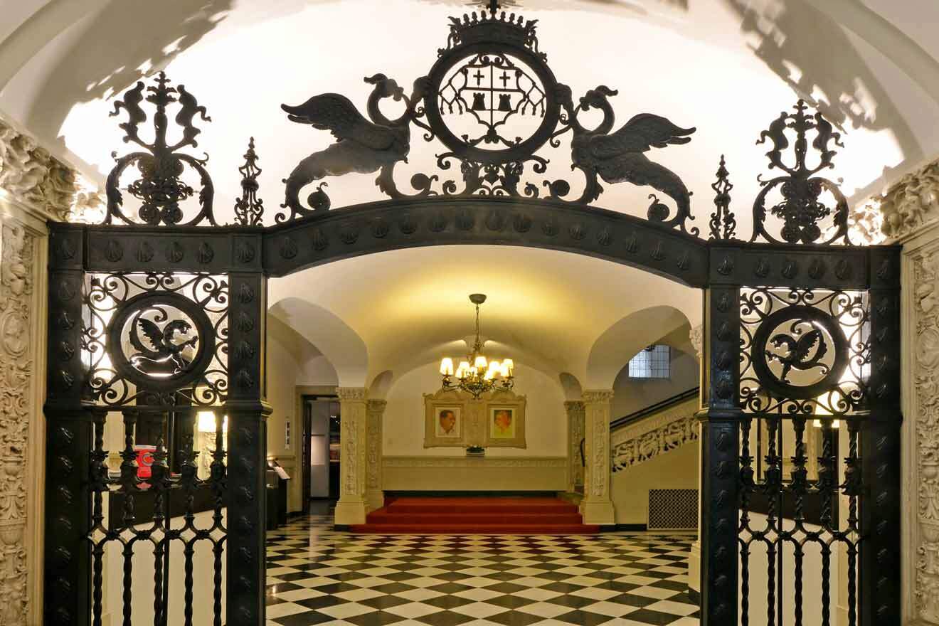 The entrance to an ornate building with a black and white checkered floor of Museo Evita in Buenos Aires