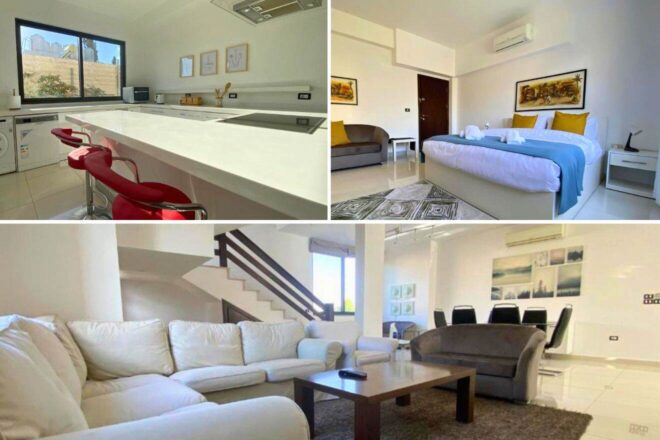 collage of 3 images with: bedroom, kitchen area and lounge