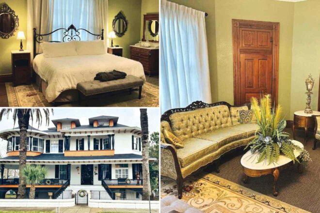 A collage of 3 photos showing a bedroom, living room and hotel's building