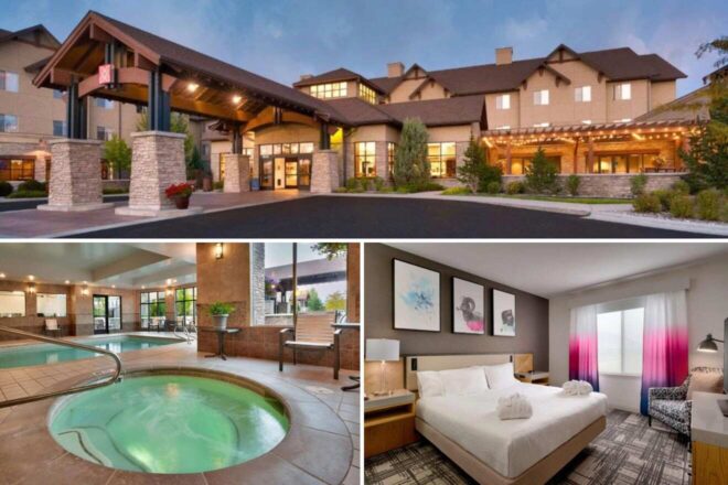a collage of three hotel photos: hotel exterior, indoor jacuzzi, and bedroom