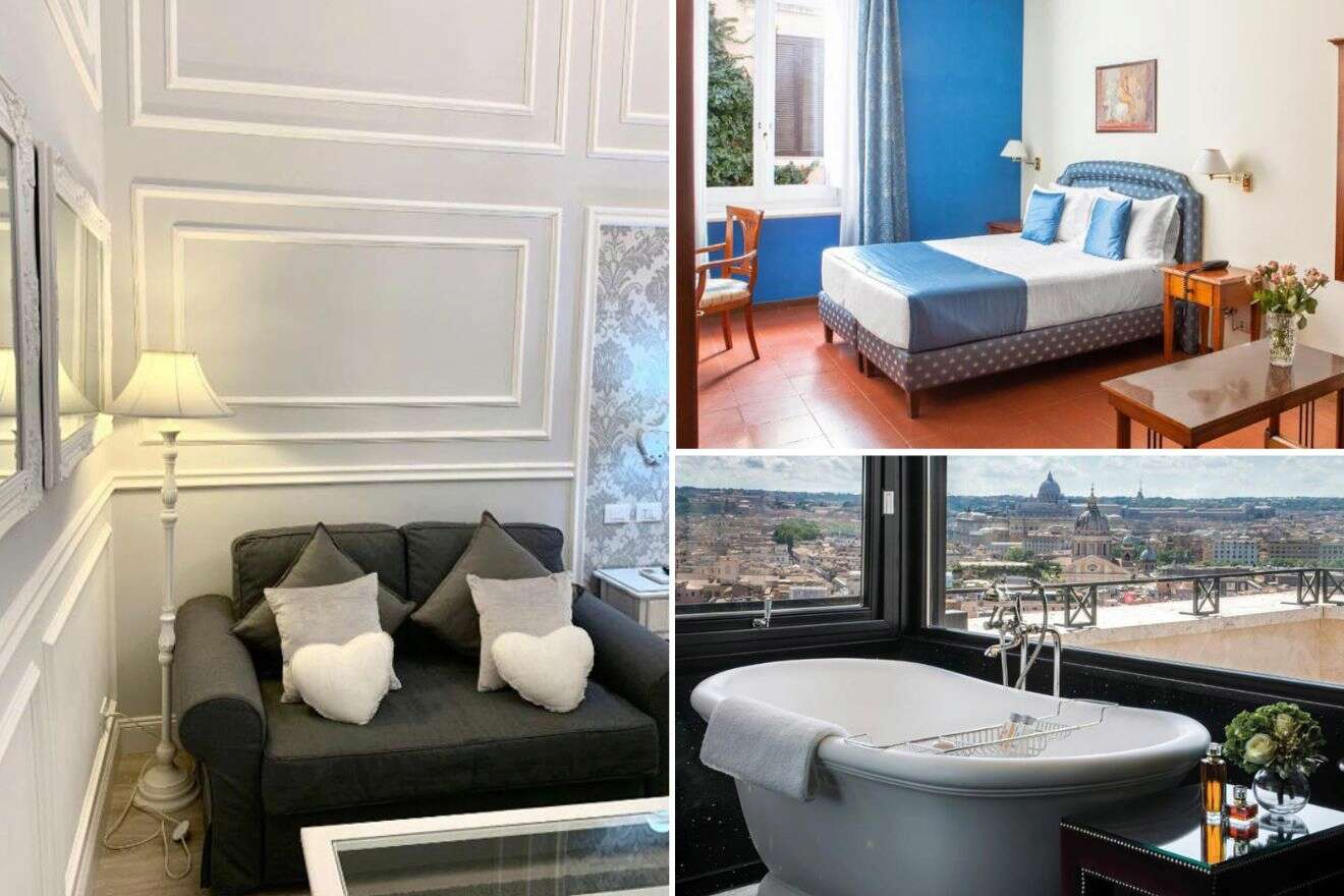 a collage of three hotel photos: living room, bedroom, and bathtub