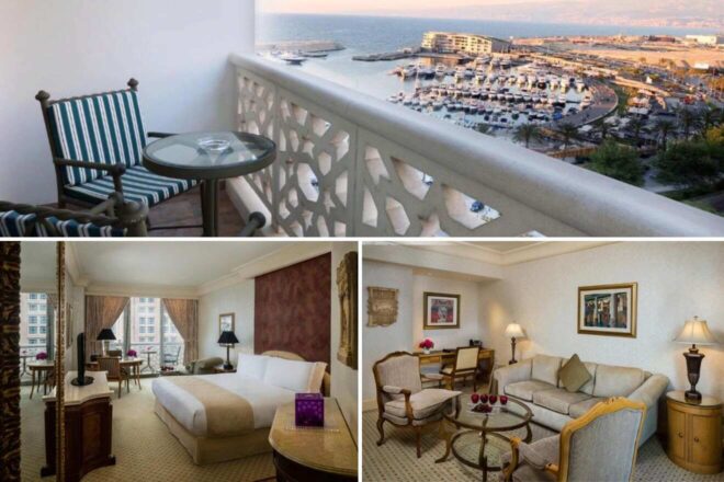 a collage of three hotel photos: balcony with view, bedroom, and living room