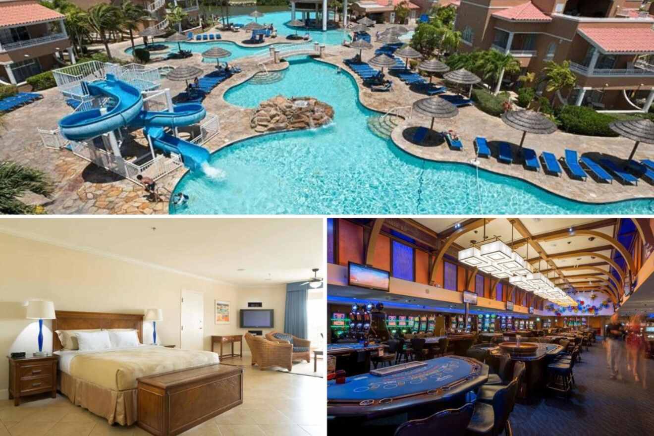 collage of 3 images with: bedroom, aerial view over the pool area and casino