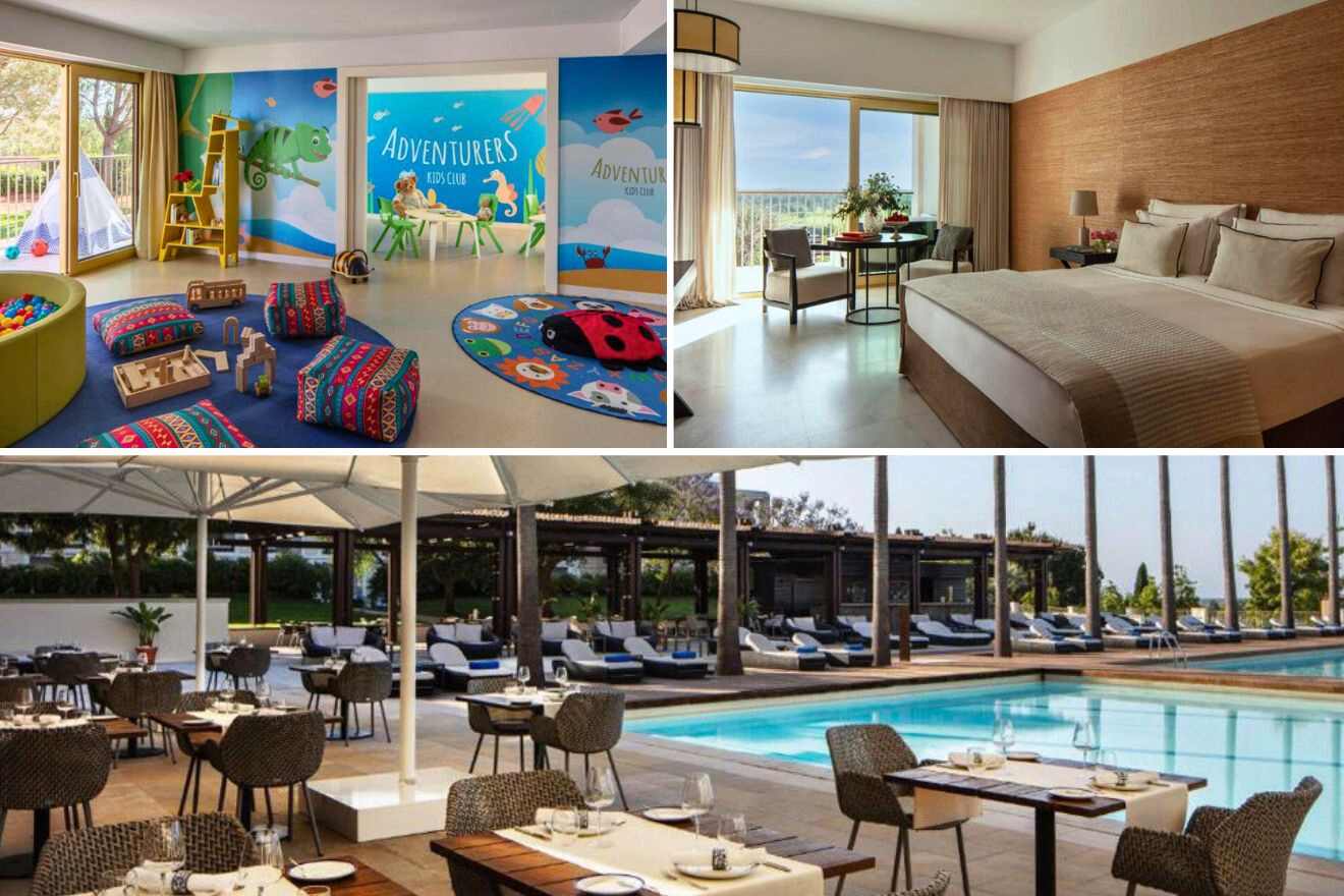 collage of 3 images with: bedroom, restaurant by the pool and kids play area