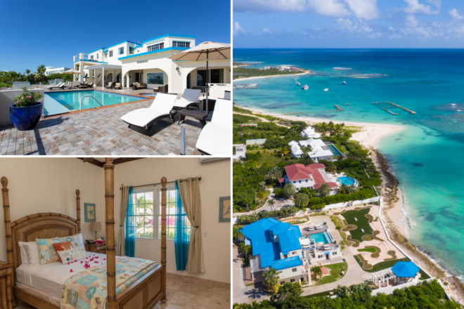 a collage of three hotel photos: outdoor pool, bedroom, and aerial view of hotel