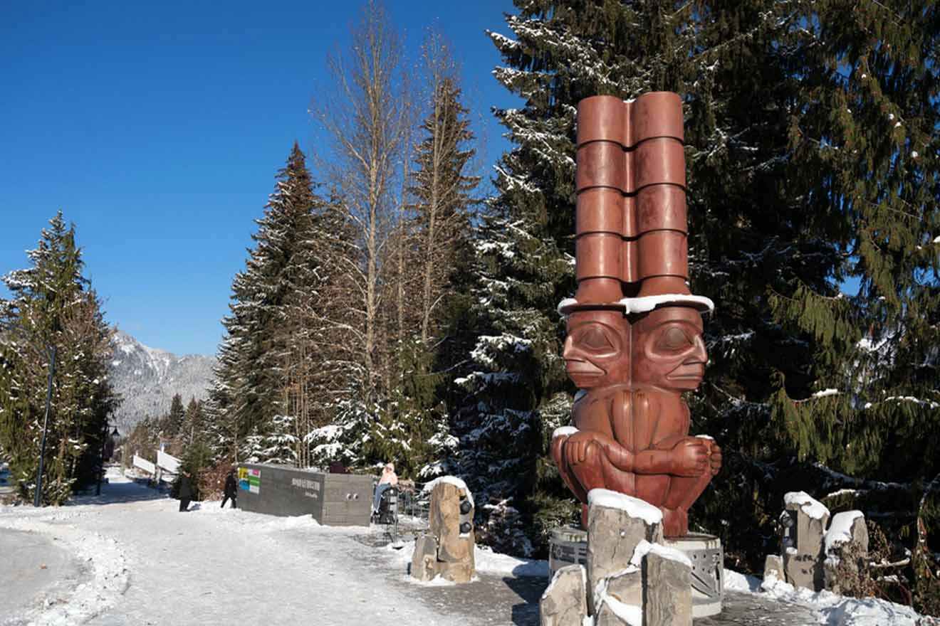 A totem pole in the snow next to trees.