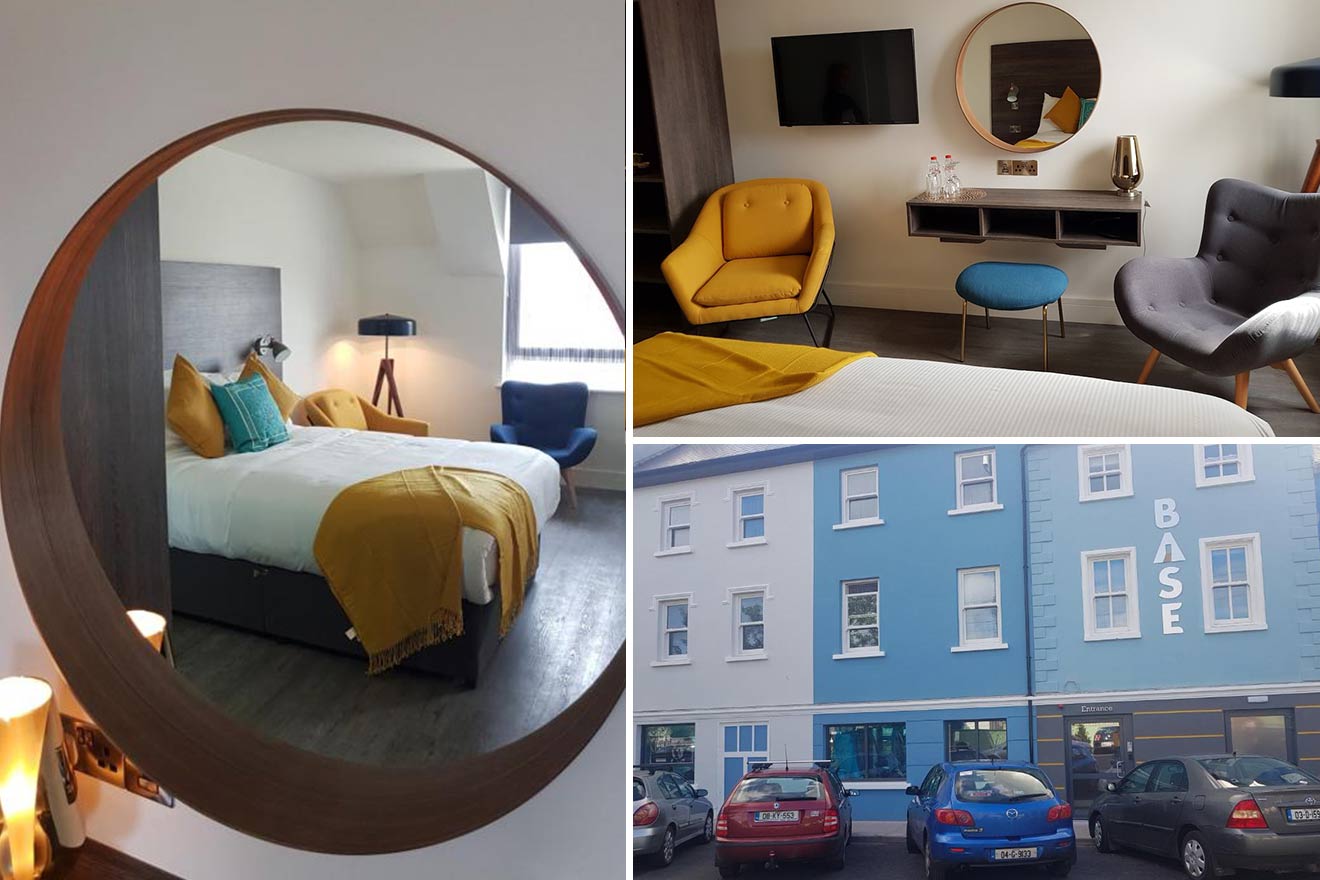 collage of 3 images of the base dingle boutique hotel with: bedroom, lounge area and hotel's building