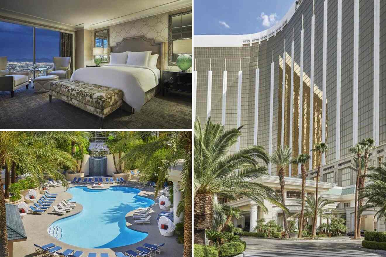 collage of 3 images with: bedroom, pool area and hotel's building